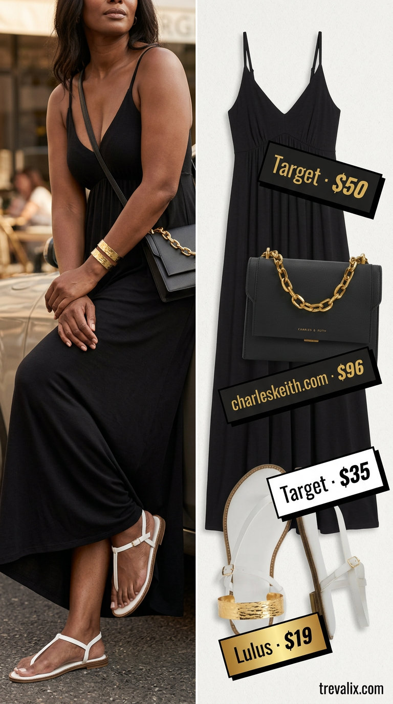 Stylish summer outfits for black woman 2026: Black maxi dress, gold bracelet, crossbody bag, and minimalist sandals for a chic look.