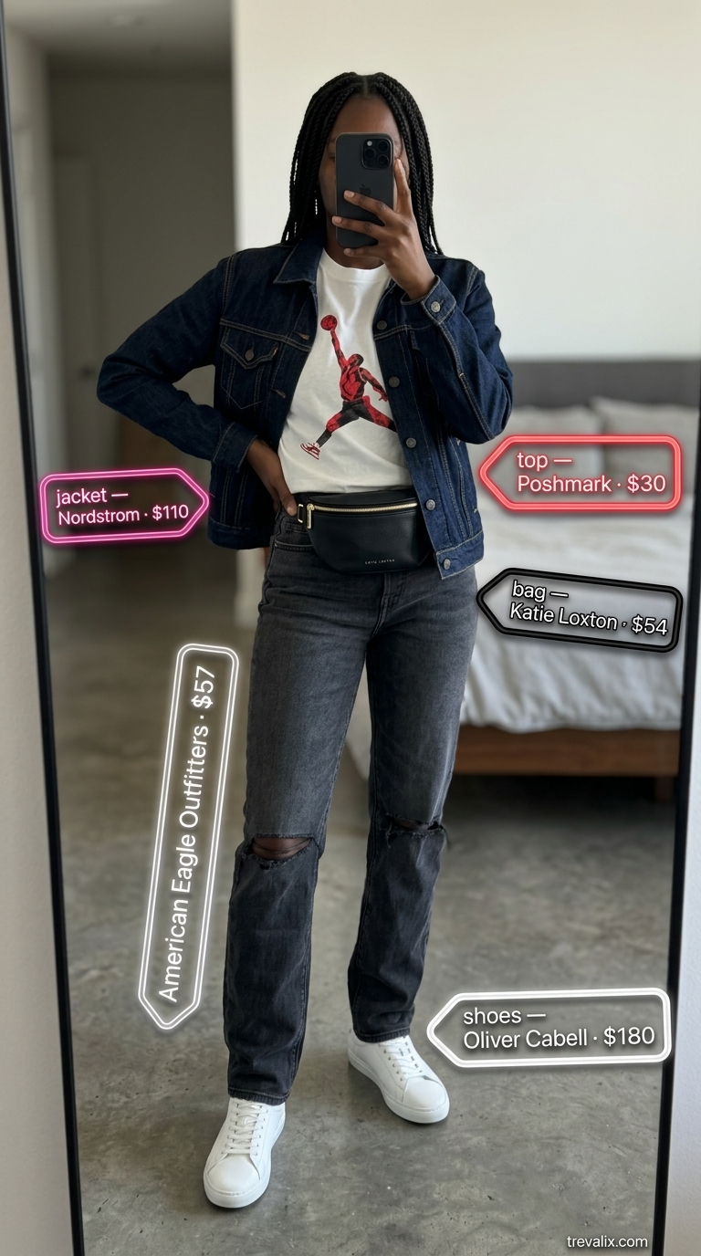 Stylish summer outfits for black woman 2026: Oversized graphic tee, black jeans, denim jacket, and belt bag for a cool weekend look.