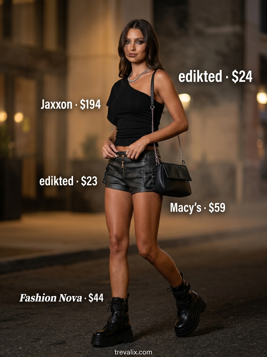 Black asymmetric neck top with faux leather shorts for edgy nights 2026. Concert outfit idea.