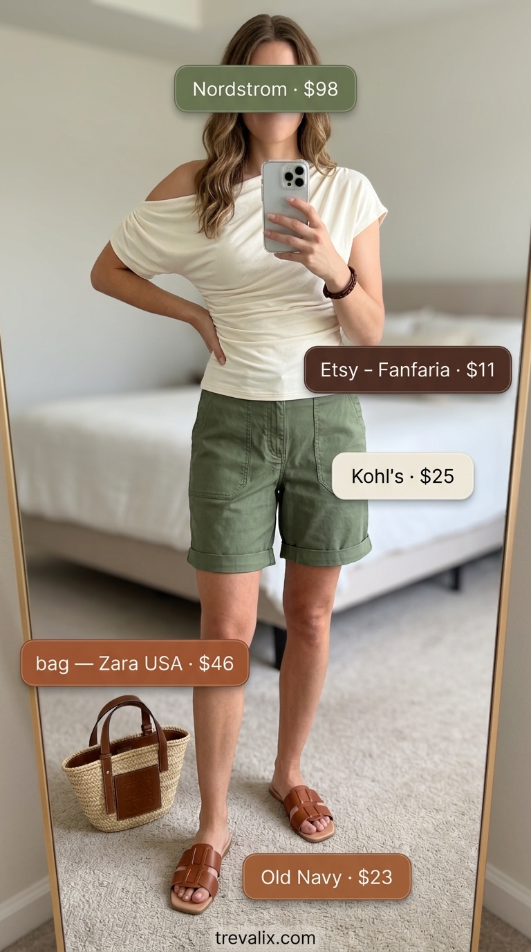 Cream asymmetric neck top with olive green shorts and braided bracelet for summer outfits for women 2026.