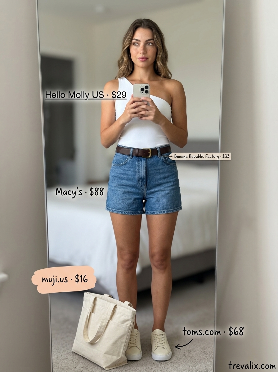 Casual white asymmetric neck top with denim shorts and tan belt for summer outfits for women 2026.