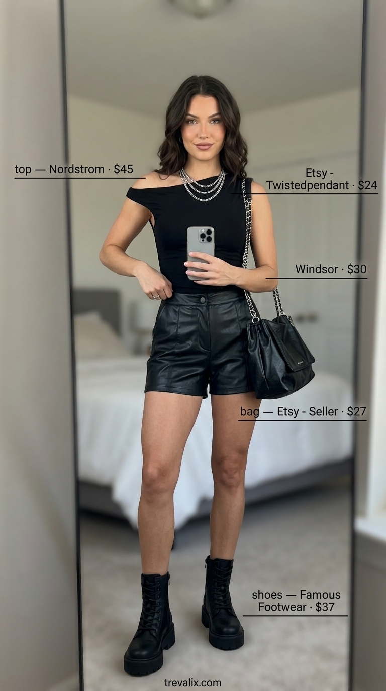 Black asymmetric neck top with faux leather shorts and combat boots for summer outfits for women 2026.