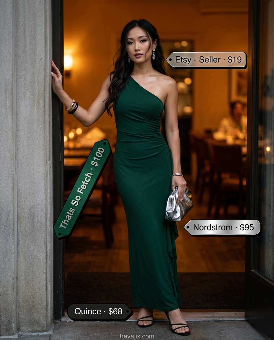 Emerald green asymmetric neck dress for formal summer events 2026. Elegant evening gala outfit with silver accessories.