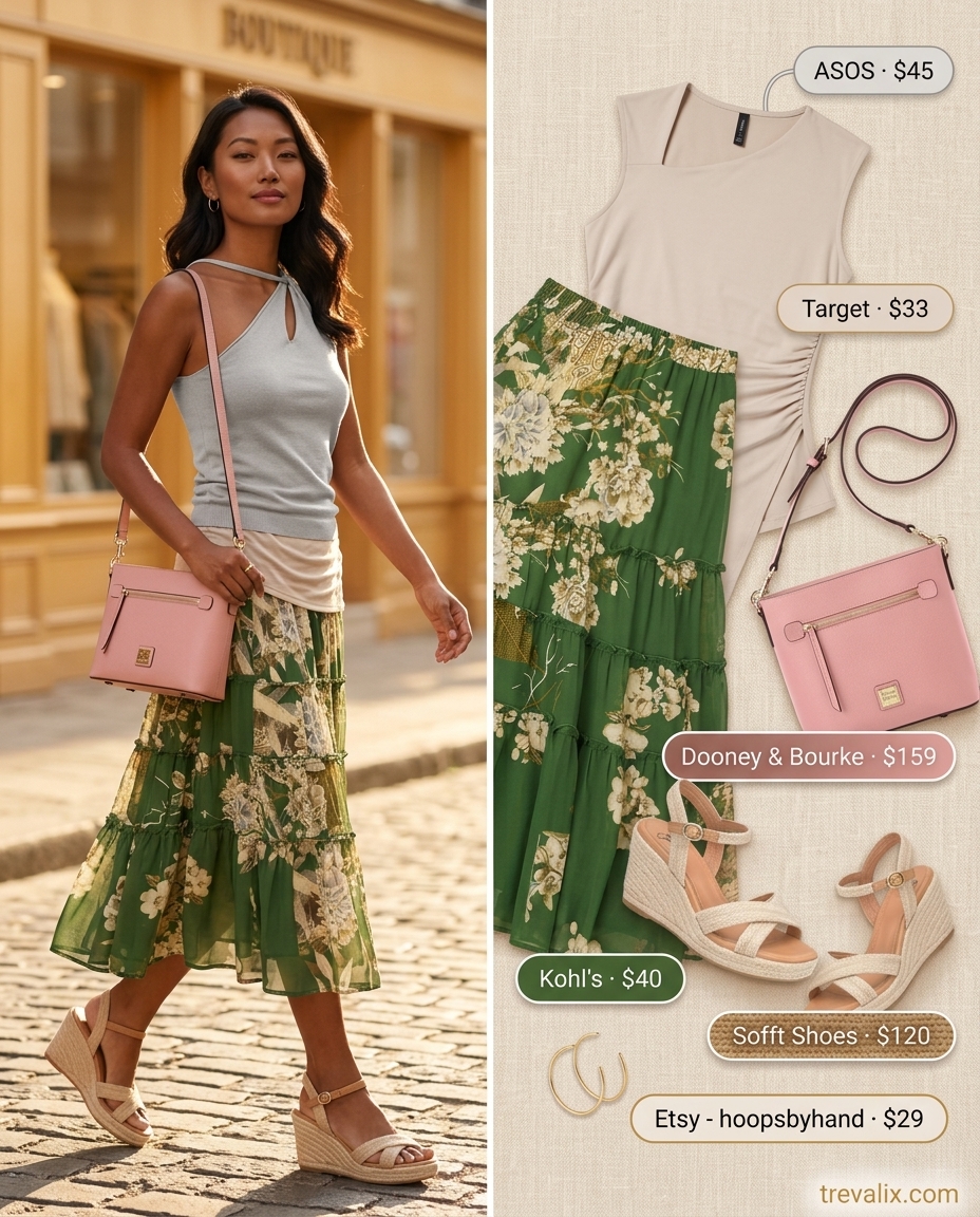 Emerald green floral asymmetric neck midi skirt with cream tank top for garden parties 2026. Romantic.