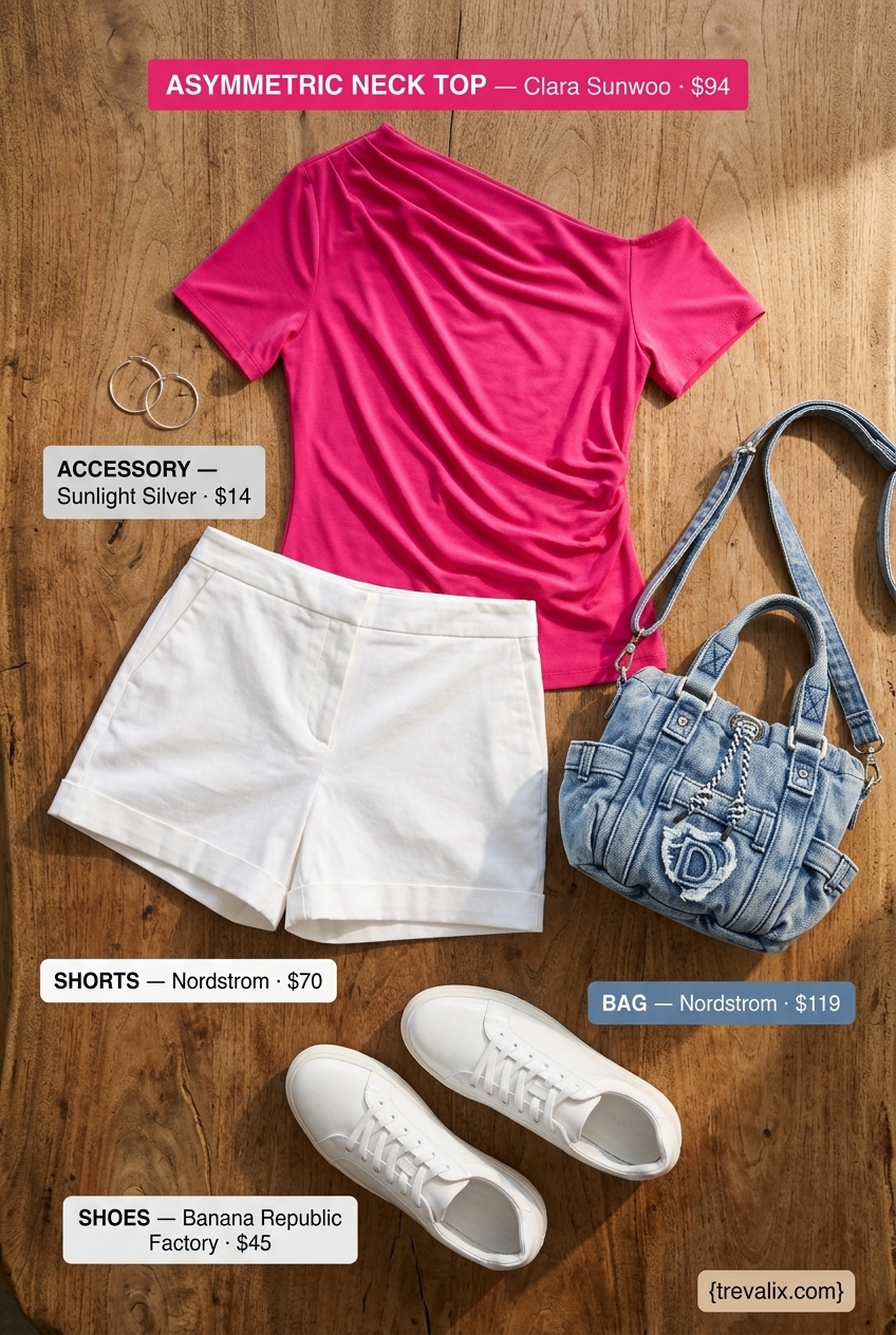Hot pink asymmetric neck crop top with denim shorts for playful summer days 2026. Trendy & fun.