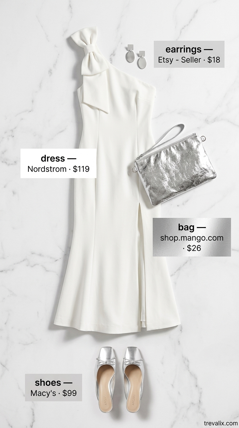 White asymmetric neck midi dress with silver heels and clutch for summer outfits for women 2026.