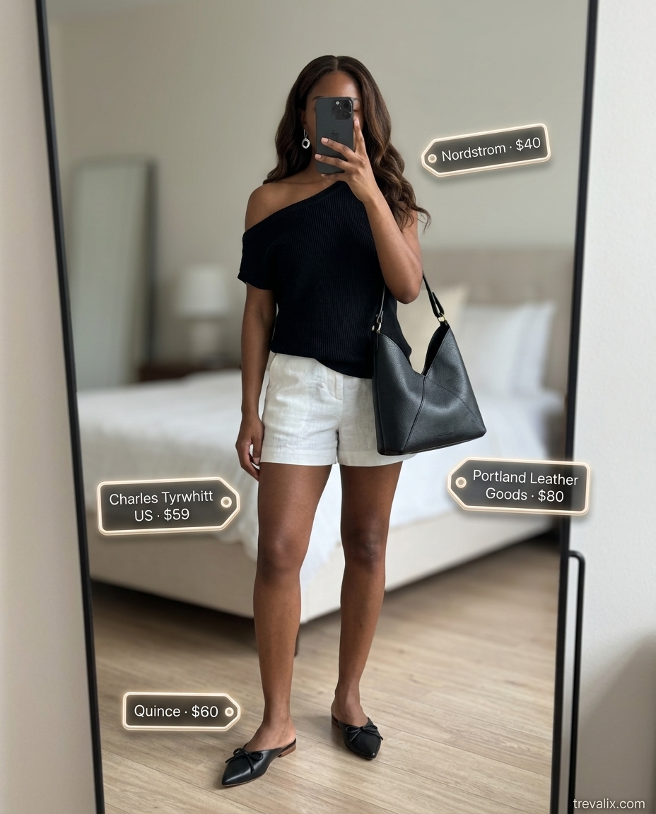 Black asymmetric neck top with beige shorts and structured bag for summer outfits for women 2026.
