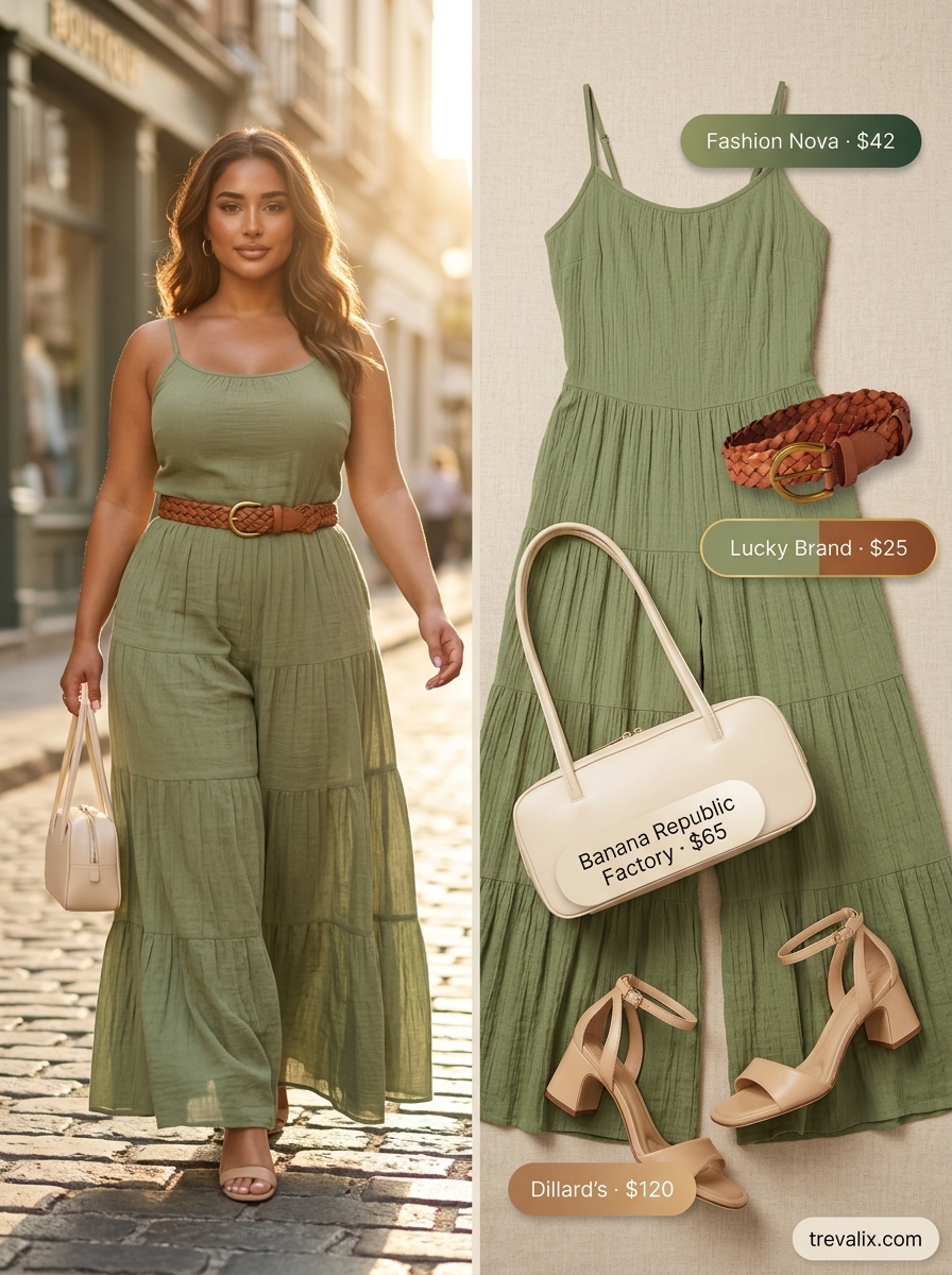 Olive green asymmetric neck wide-leg jumpsuit for casual summer days 2026. Tan sandals & structured tote.