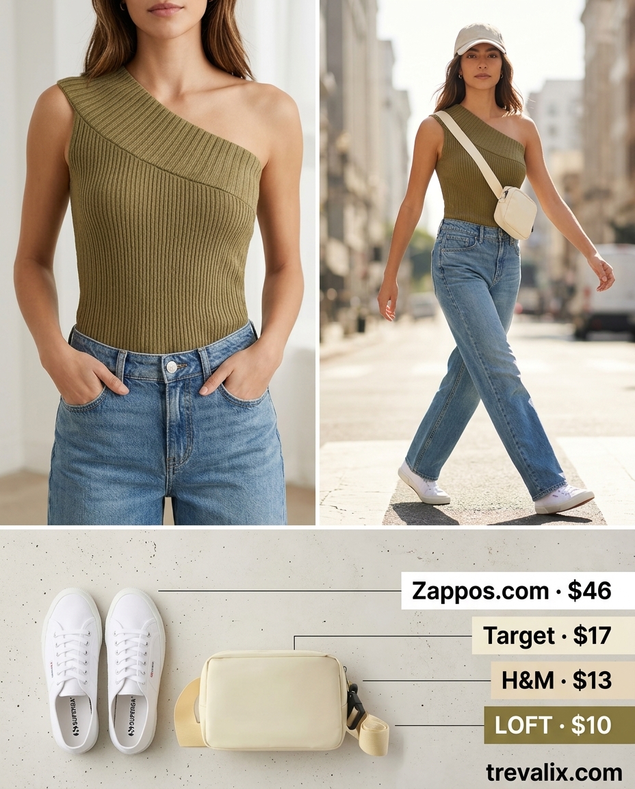 Olive green asymmetric neck top with denim jeans for weekend brunch 2026.