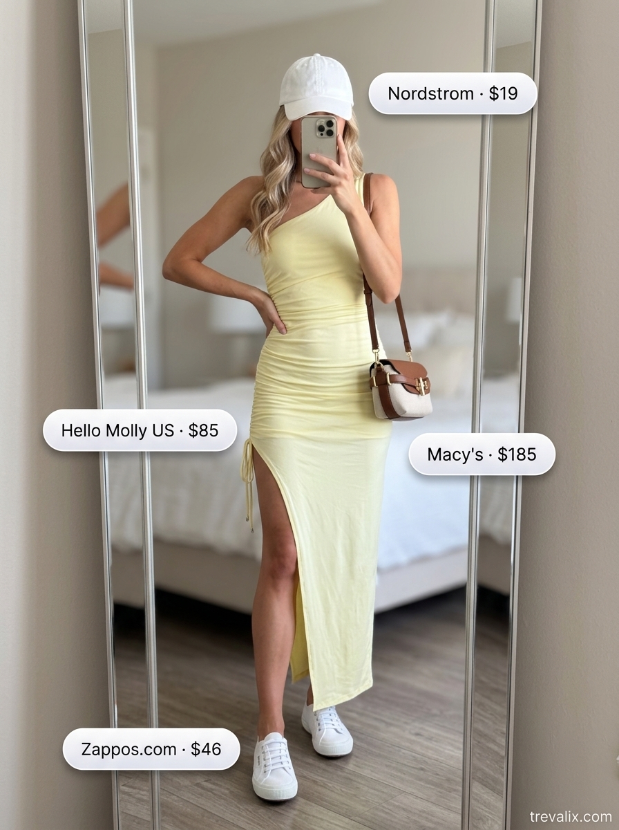 Yellow asymmetric neck midi dress with canvas sneakers and cap for summer outfits for women 2026.