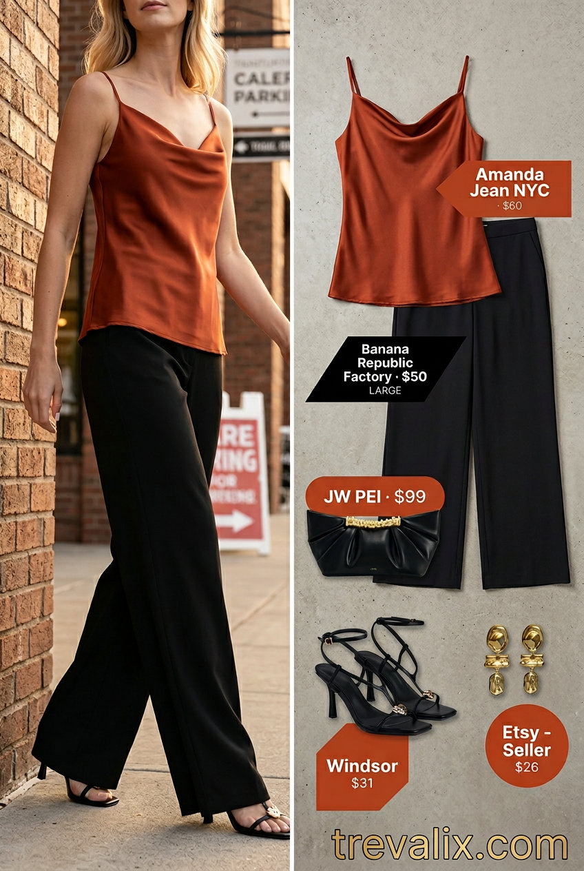 Rust orange asymmetric neck camisole with wide-leg trousers for date night 2026.