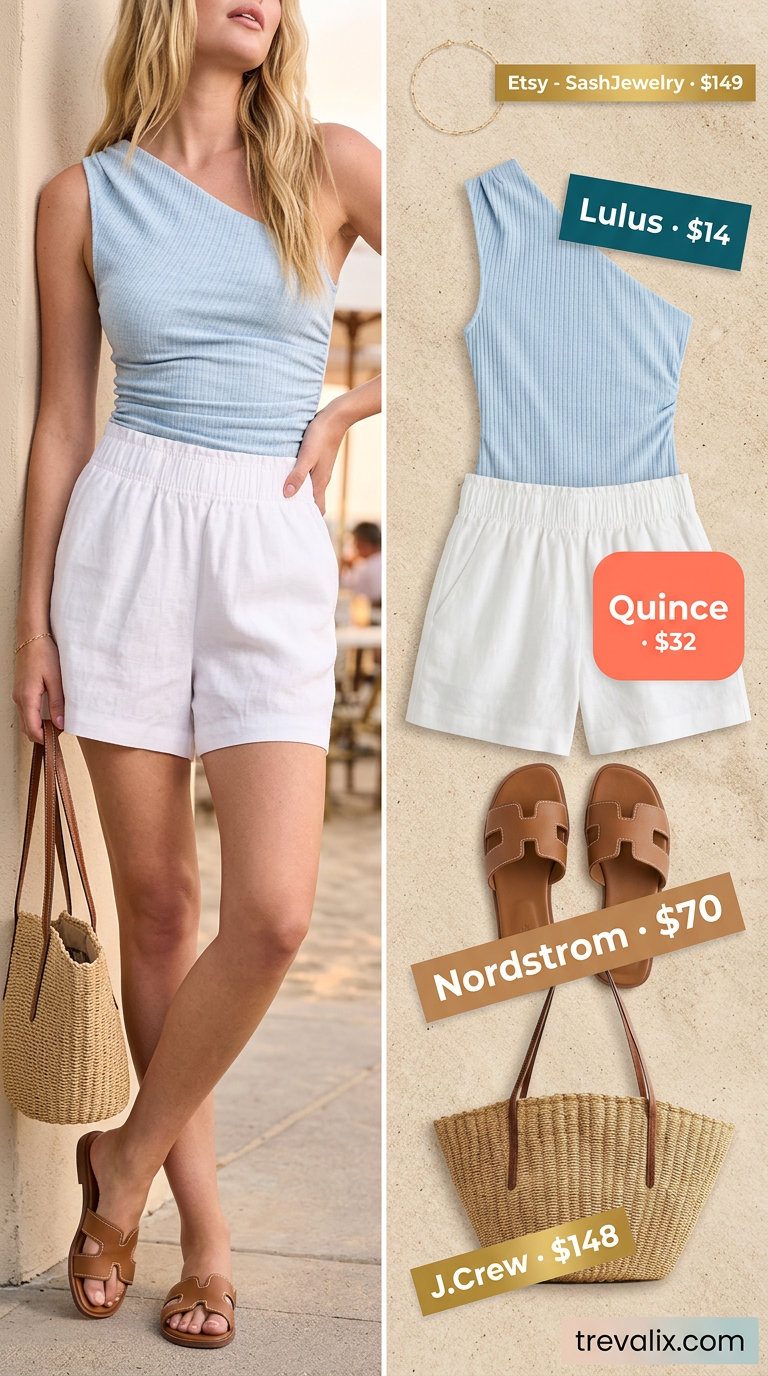 Sky blue asymmetric neck top with linen shorts for casual day out 2026.