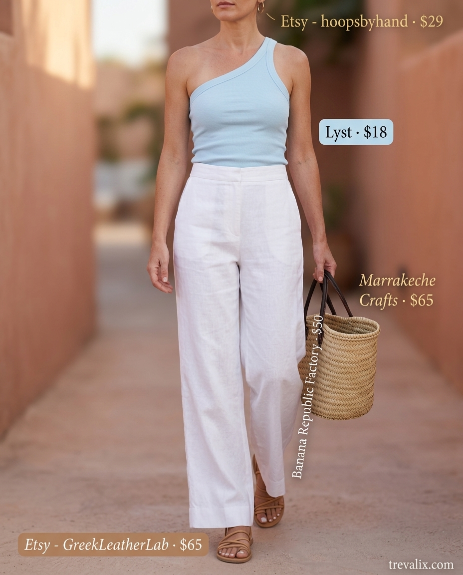 Sky blue asymmetric neck ribbed tank top with white linen pants for daytime events 2026. Relaxed & chic.