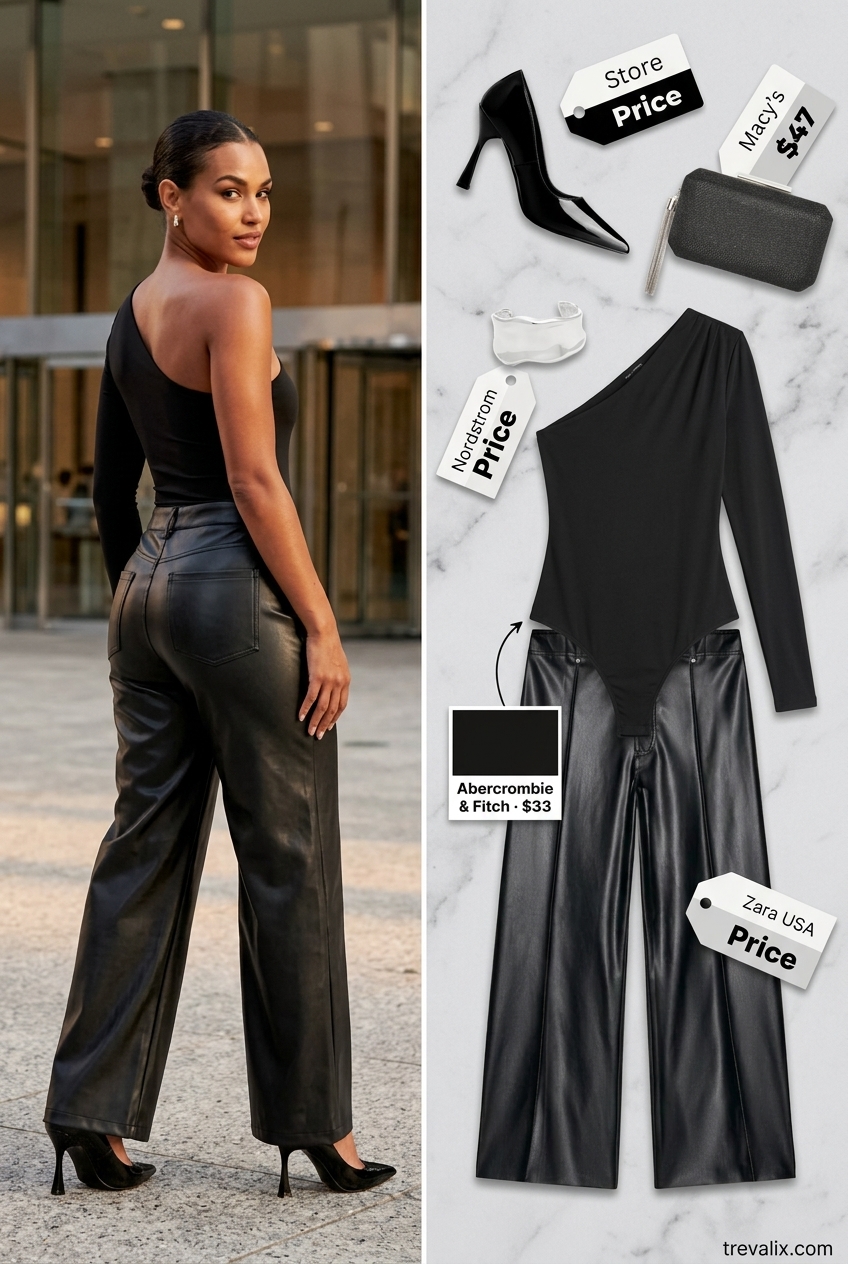Black asymmetric bodysuit with faux leather pants and heels for summer outfits for women 2026.