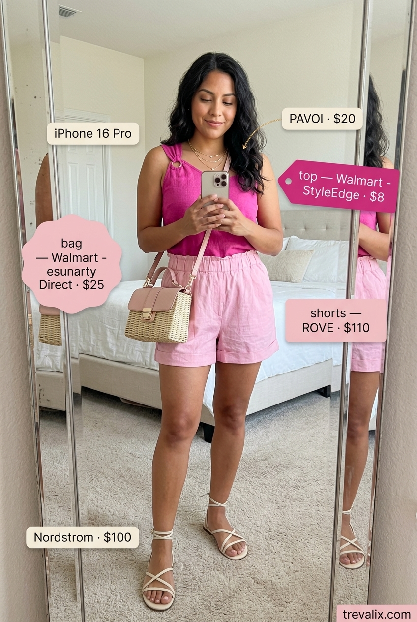 Soft pink asymmetric linen top with matching shorts for summer outfits for women 2026.