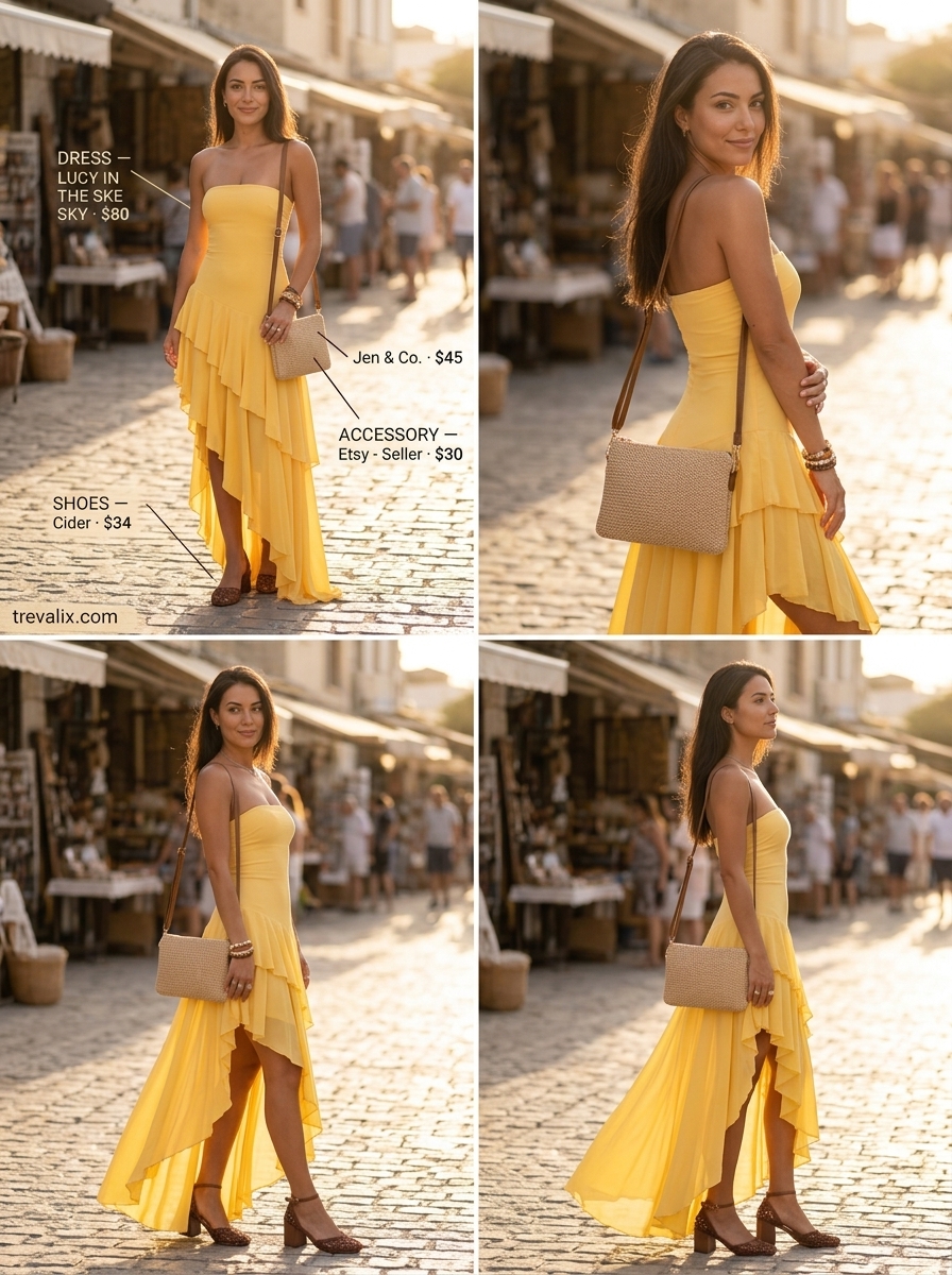 Bright yellow asymmetric neck maxi dress for boho summer festivals 2026. Flowy & vibrant.