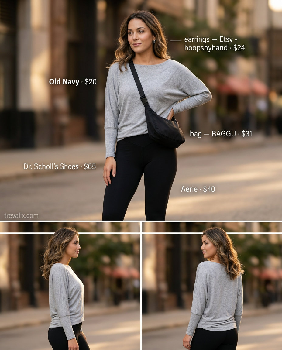 Athleisure summer boat neck outfit for women 2026: grey top, black leggings, white sneakers.