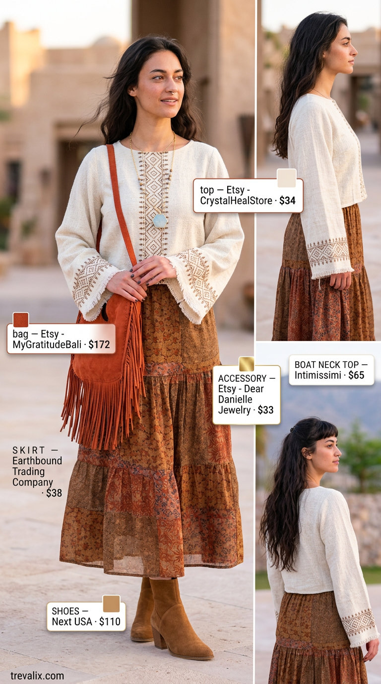 Boho Chic Summer Boat Neck outfit for women 2026: Cream peasant blouse, rust tiered maxi skirt, suede boots, fringe bag.