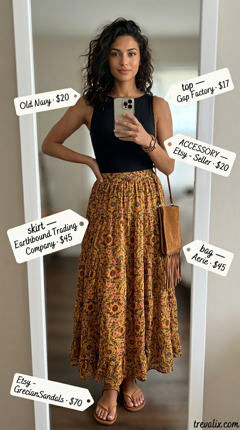 Boho Chic Summer Boat Neck outfit for women 2026: Olive green top, floral maxi skirt, suede crossbody, flat sandals.