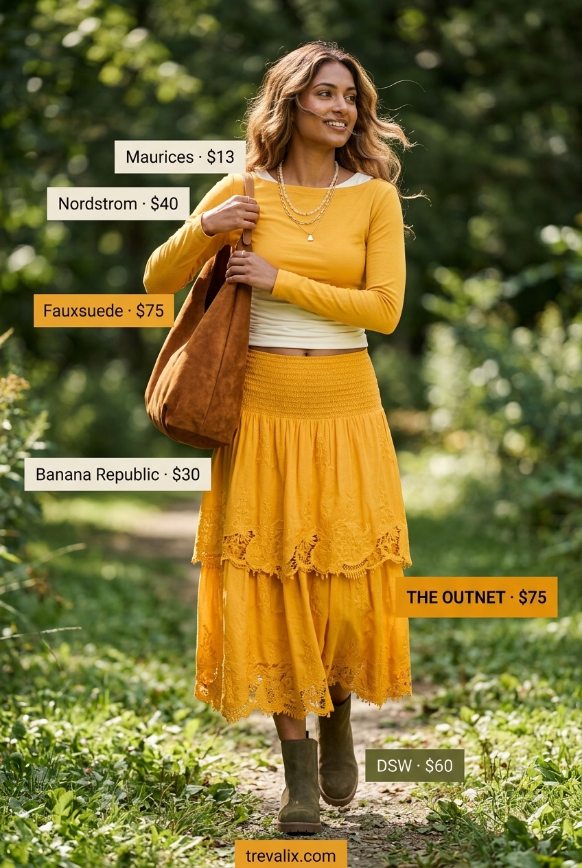 Boho summer boat neck outfit for women 2026: Terracotta skirt, cream knit top, olive boots.