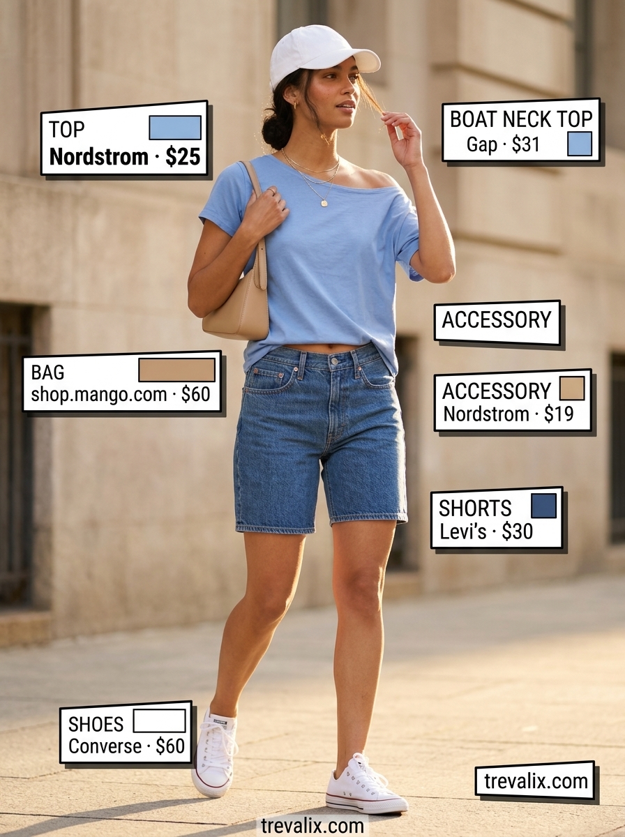 Casual summer boat neck outfit for women 2026: Light blue t-shirt, denim shorts, white cap & sneakers.