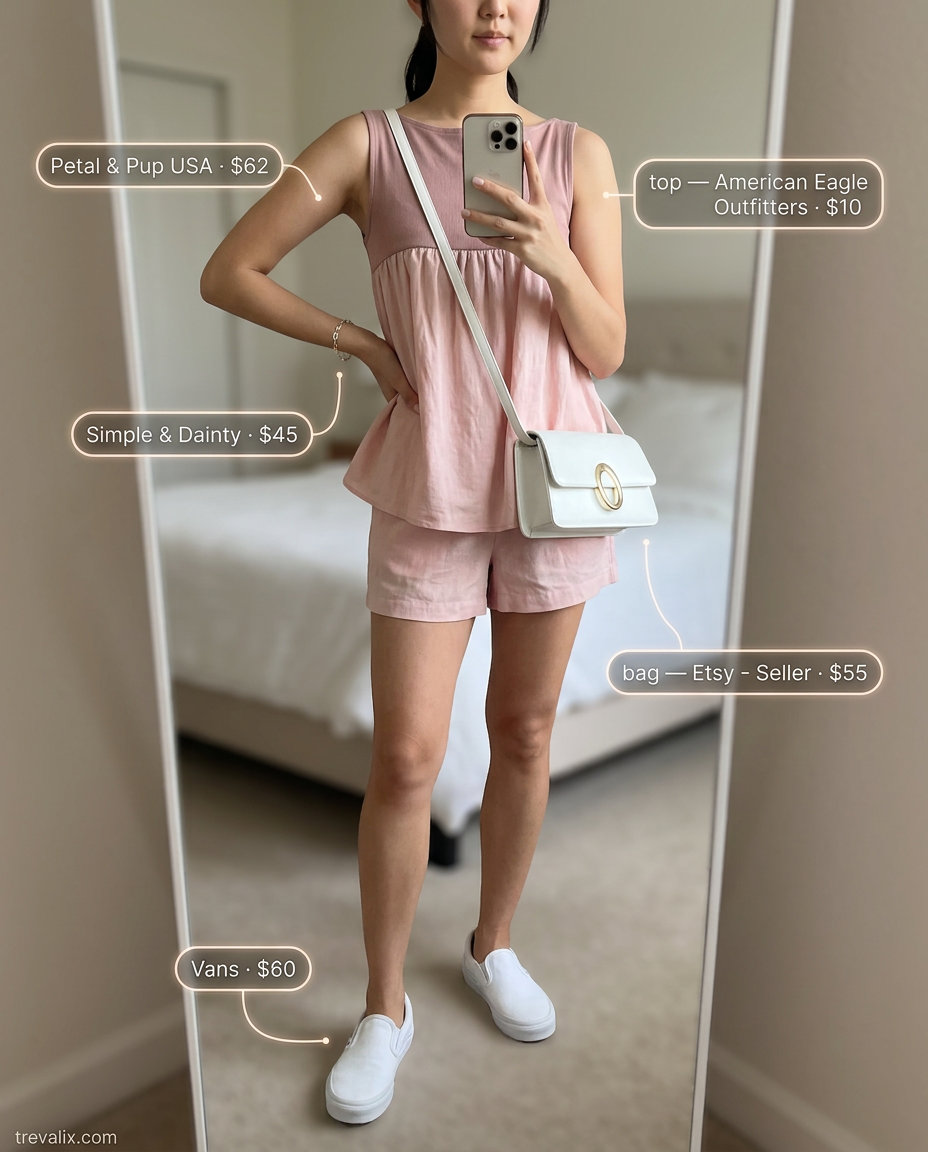 Casual Comfort Summer Boat Neck Set for women 2026: Blush pink crop top & shorts set, white crossbody, slip-on sneakers.