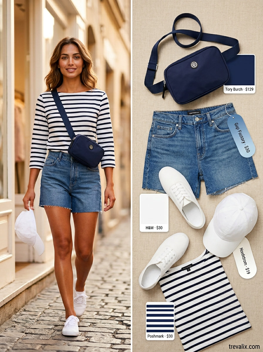Casual Summer Weekend Boat Neck outfit for women 2026: Navy & white striped top, denim shorts, cap, sneakers, belt bag.