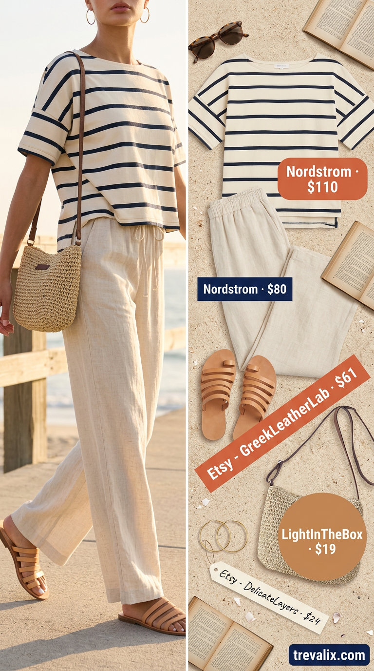 Coastal summer boat neck outfit for women 2026: Cream striped top, linen pants, straw bag.