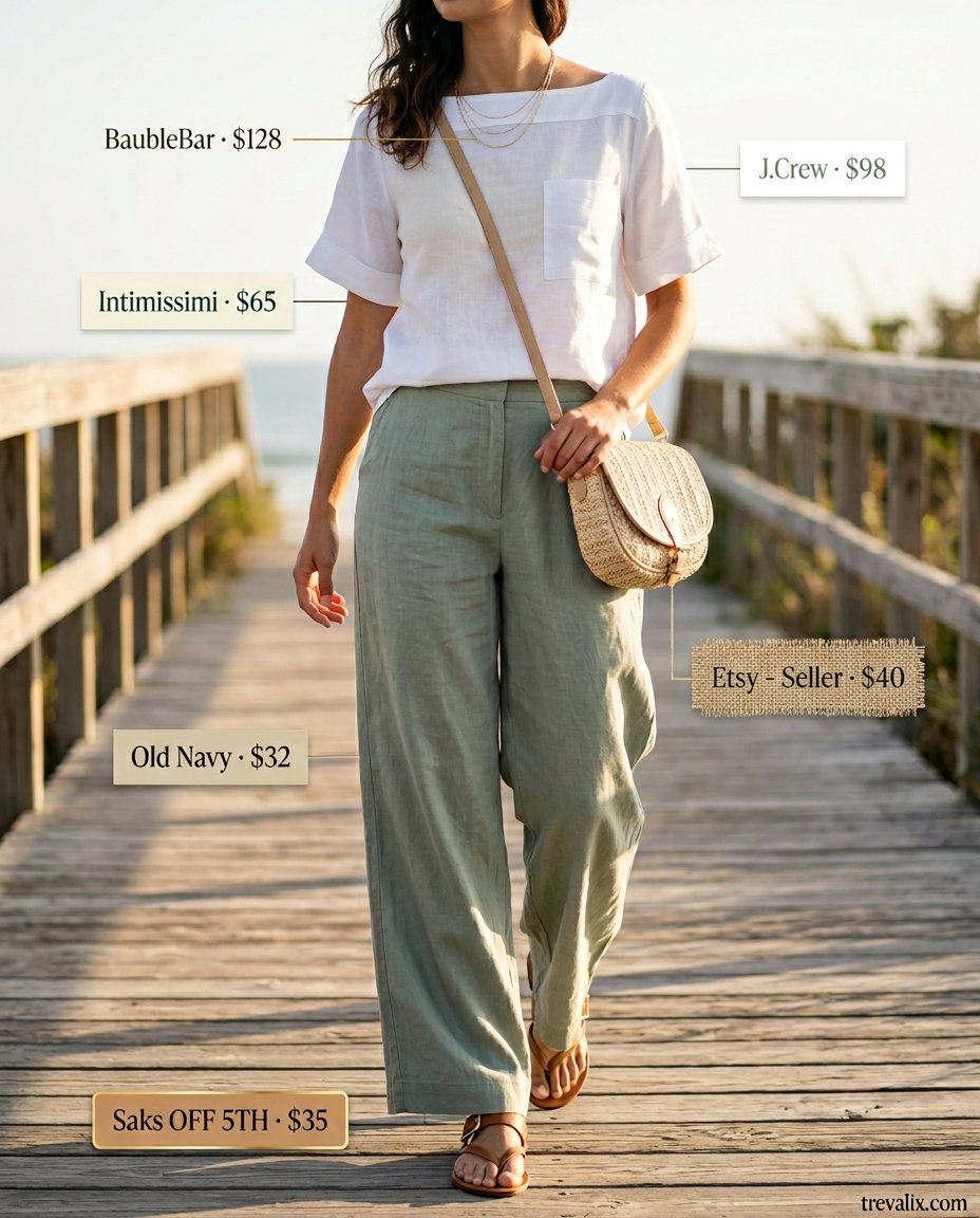 Coastal breeze summer boat neck outfit for women 2026: cream top, sage green linen pants, straw bag.