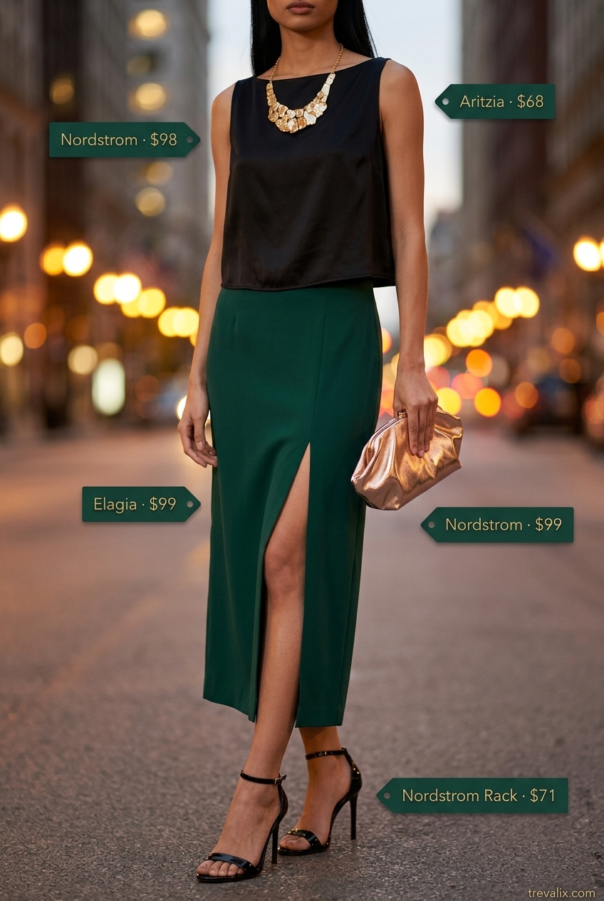 Elegant summer boat neck outfit for women 2026: Emerald skirt, black top, gold accessories.