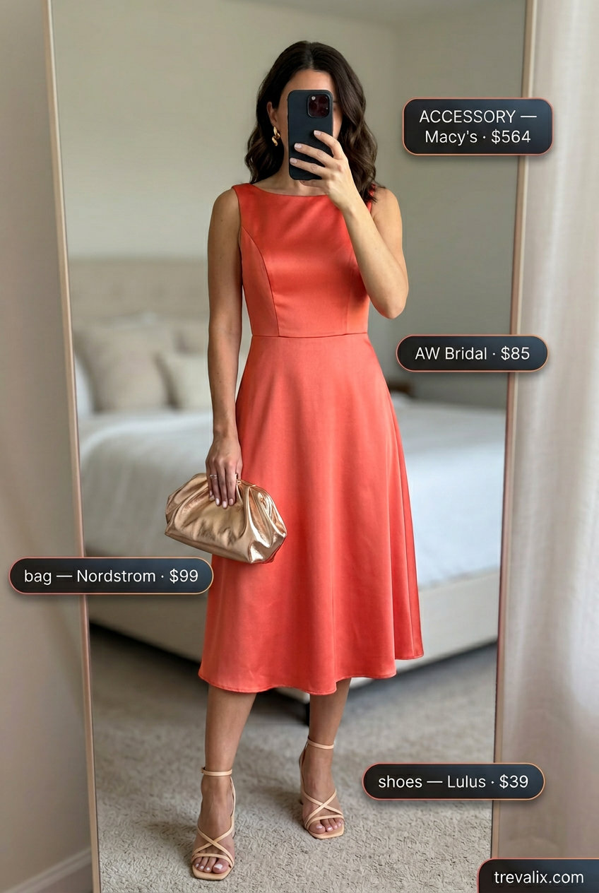 Summer Evening Boat Neck Dress for women 2026: Coral midi dress, strappy heels, statement gold earrings, metallic clutch.
