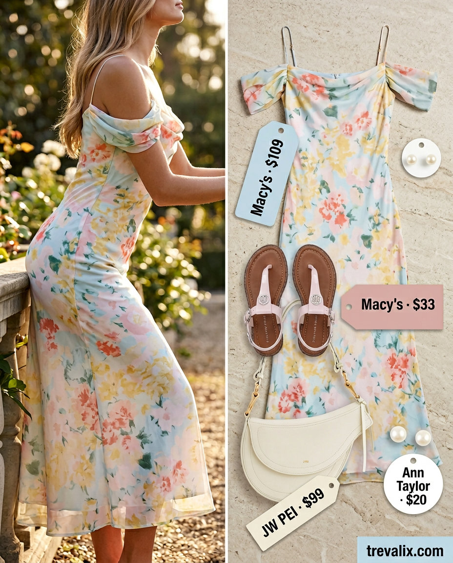Garden party summer boat neck dress for women 2026: Pastel floral midi dress, pink sandals.