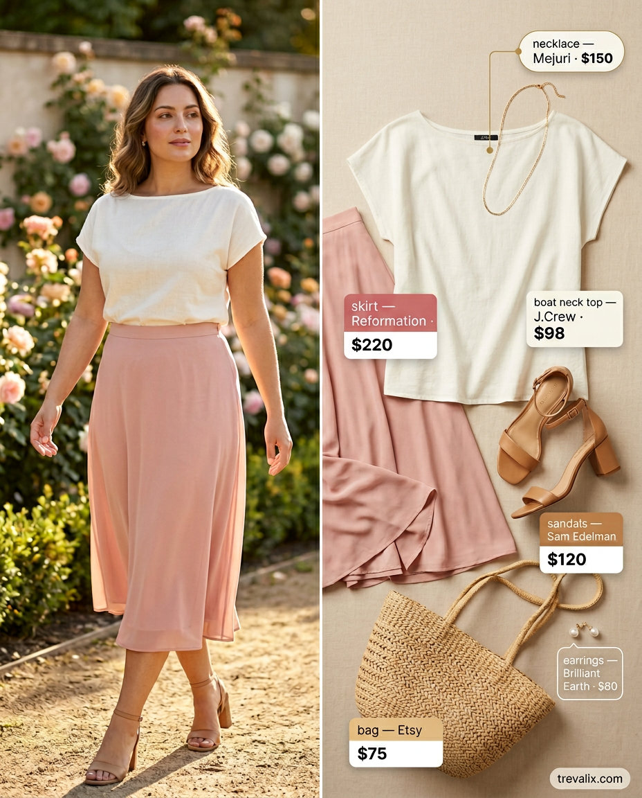 Garden party summer boat neck outfit for women 2026: floral blouse, cream skirt, blush heels.