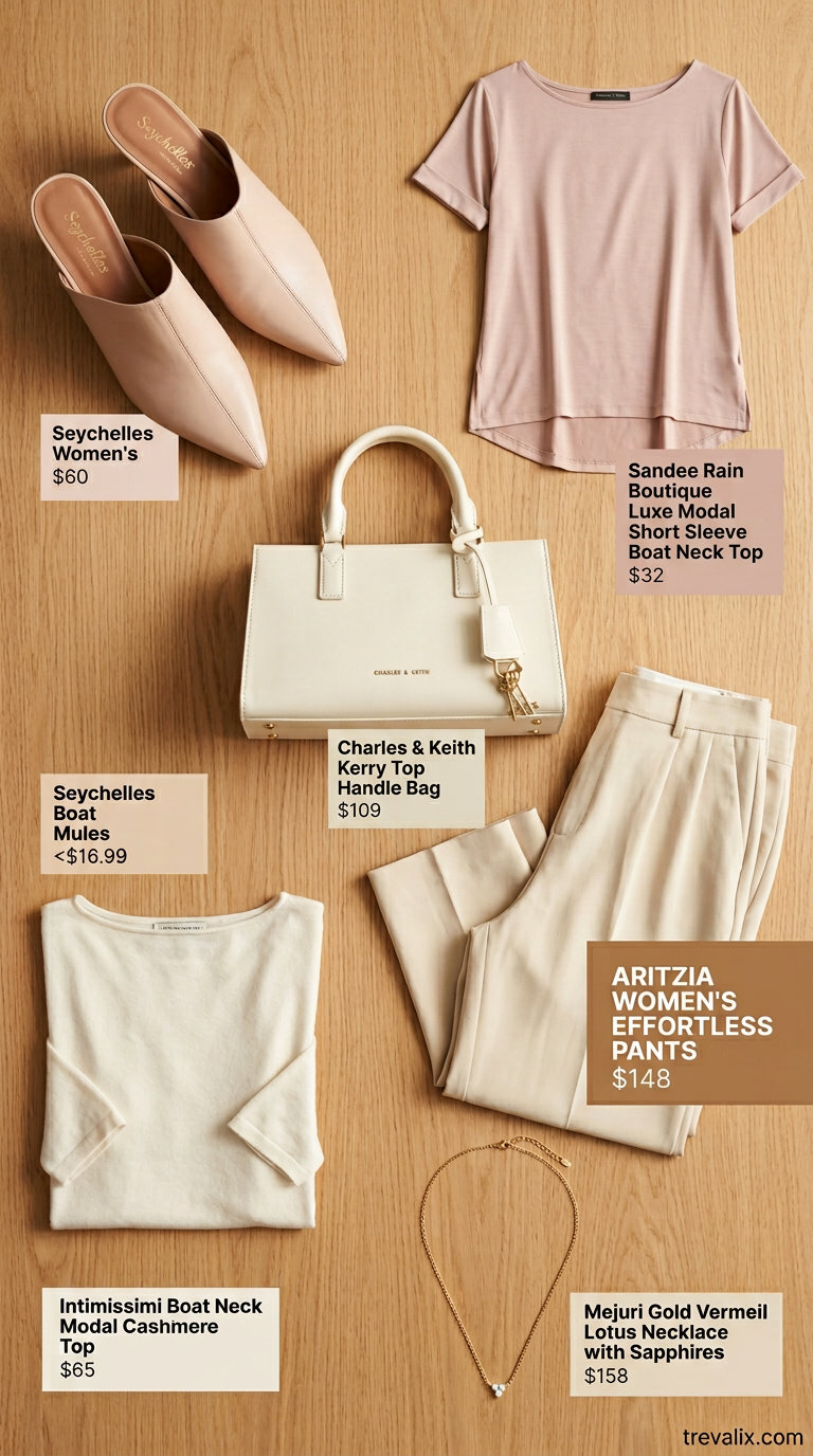 Minimalist summer boat neck outfit for women 2026: blush top, cream wide-leg pants, gold necklace.