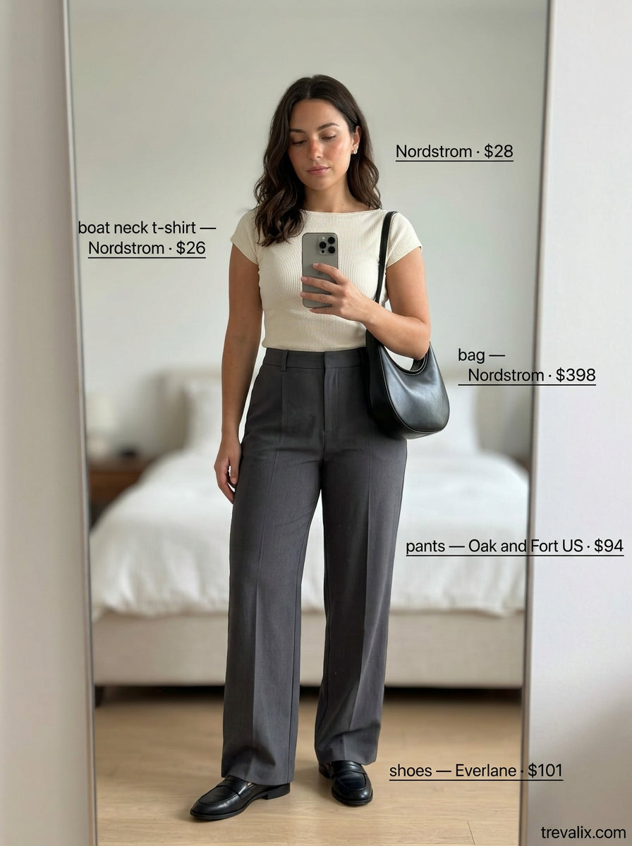 Modern minimalist summer boat neck outfit for women 2026: charcoal top, black trousers, loafers.