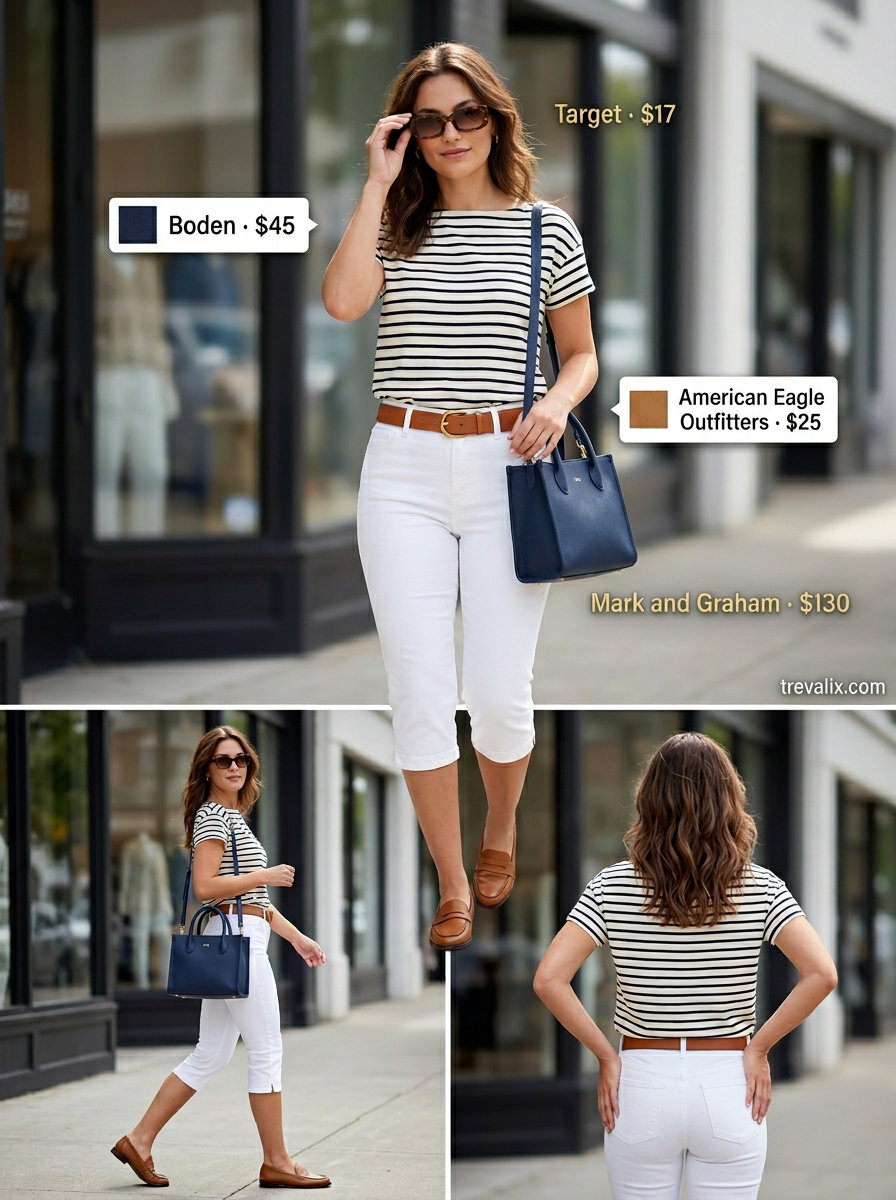 Preppy summer boat neck outfit for women 2026: striped top, white capris, tan loafers for smart casual.