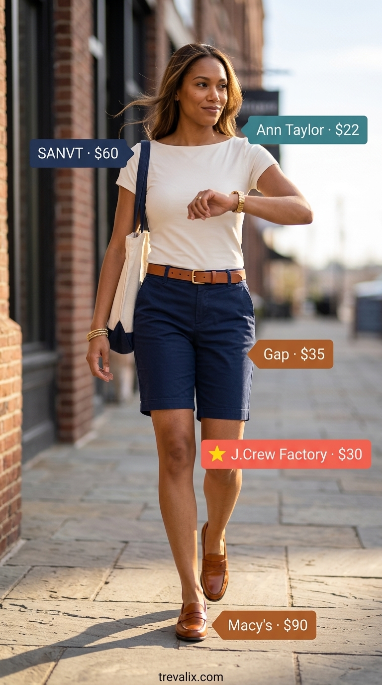 Preppy summer boat neck outfit for women 2026: white top, navy shorts, tan loafers for casual Friday.
