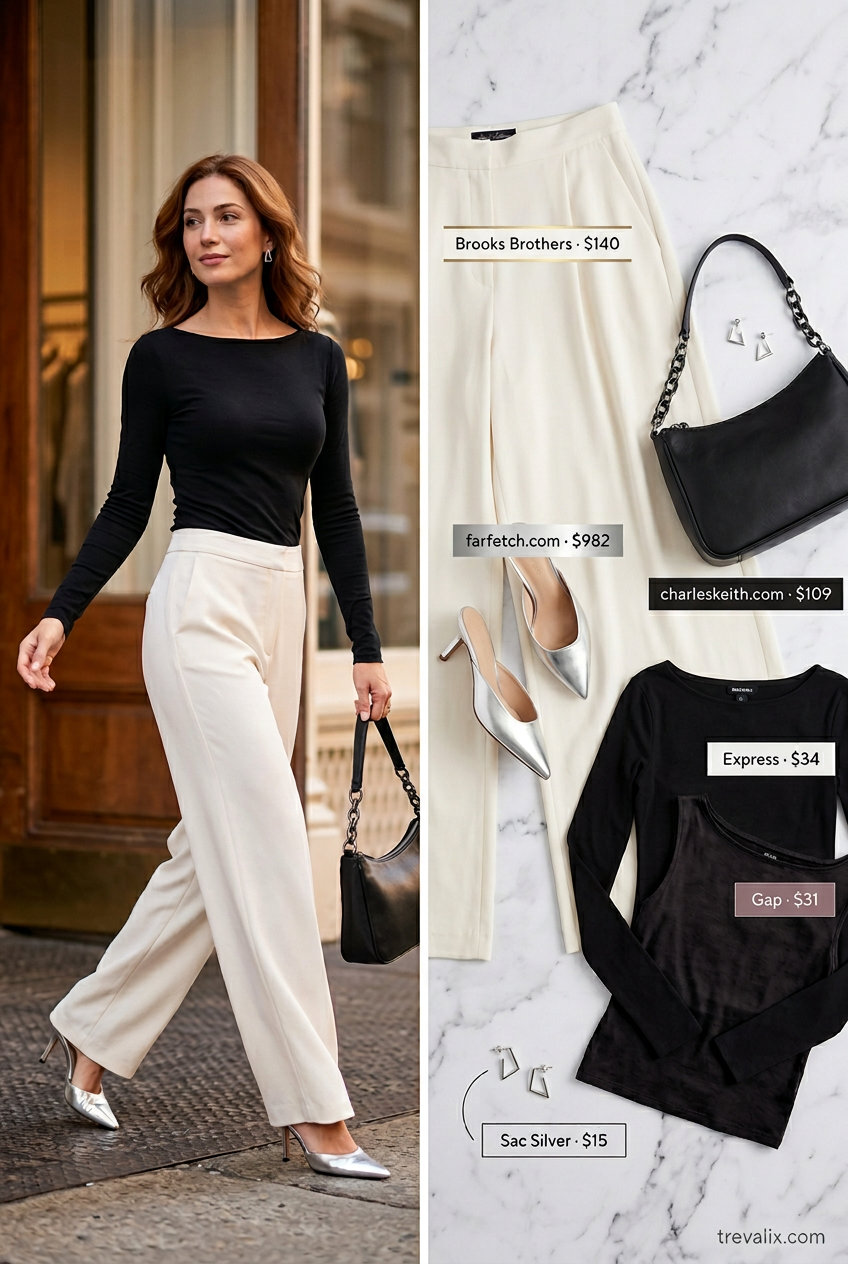 Urban Explorer Summer Boat Neck outfit for women 2026: Black fitted top, white wide-leg trousers, metallic mules, shoulder bag.
