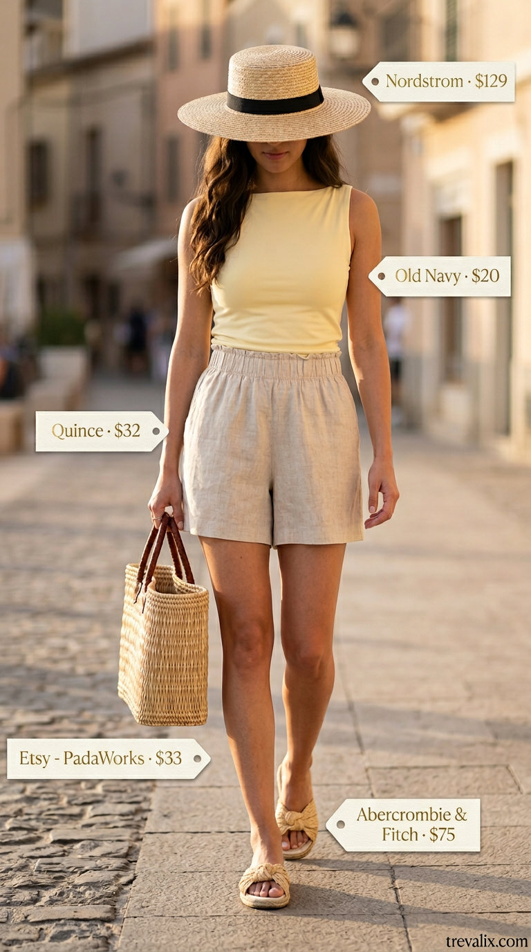 Vacation summer boat neck outfit for women 2026: Yellow top, linen shorts, straw hat.