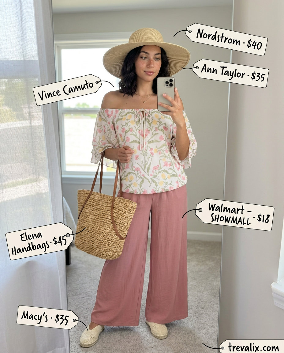 Vacation Ready Summer Boat Neck outfit for women 2026: Floral top, pink palazzo pants, straw hat, espadrilles, straw tote.