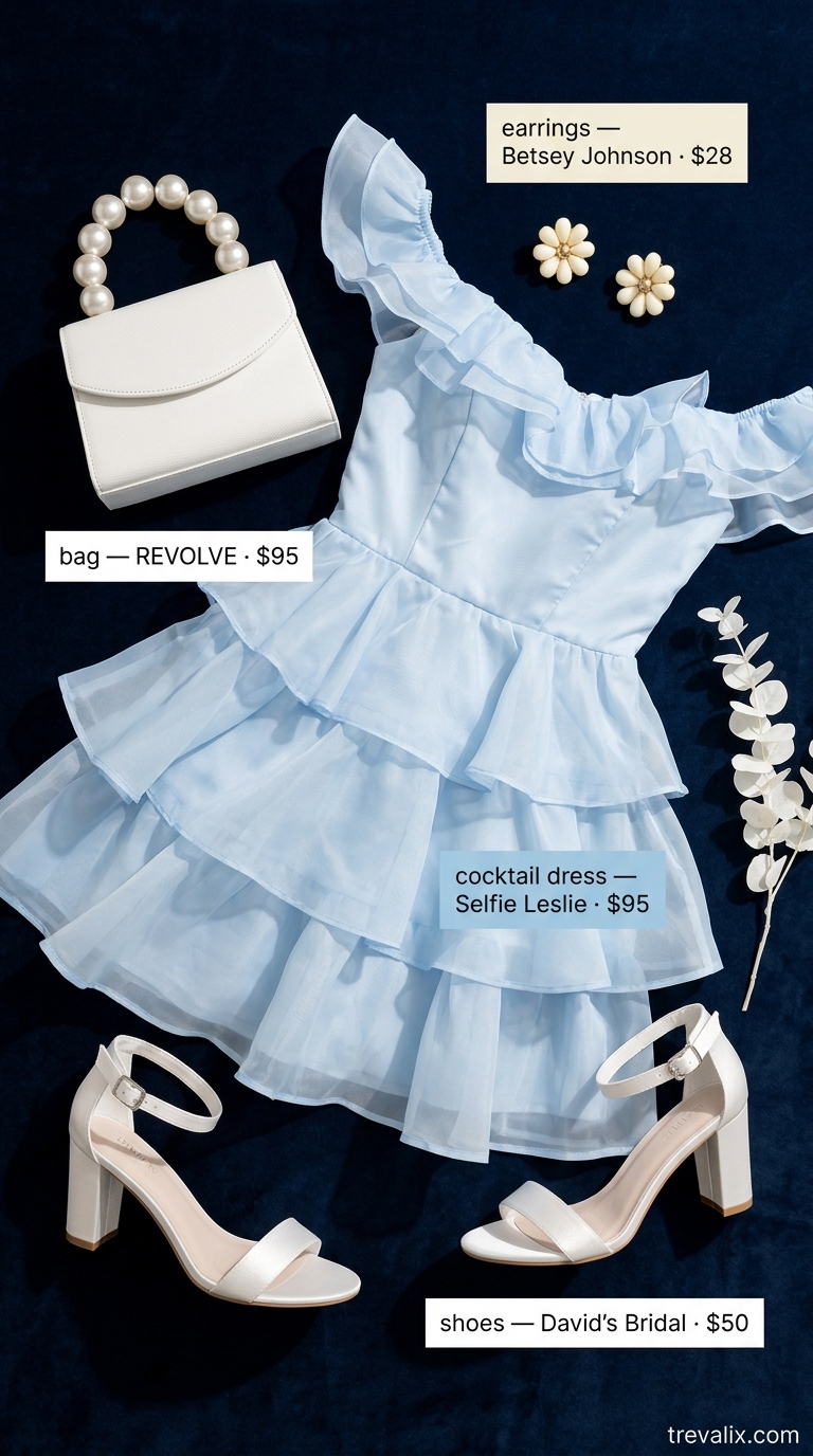 Sky blue off-shoulder mini dress for a summer cocktail party outfit for women 2026. Chic beach resort party style.