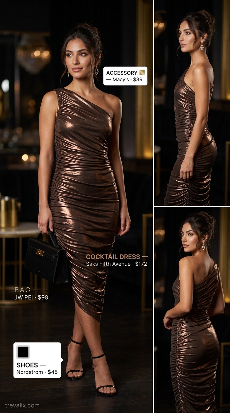 Bronze ruched midi dress for a summer cocktail party outfit for women 2026. Seductive date night style with black heels.