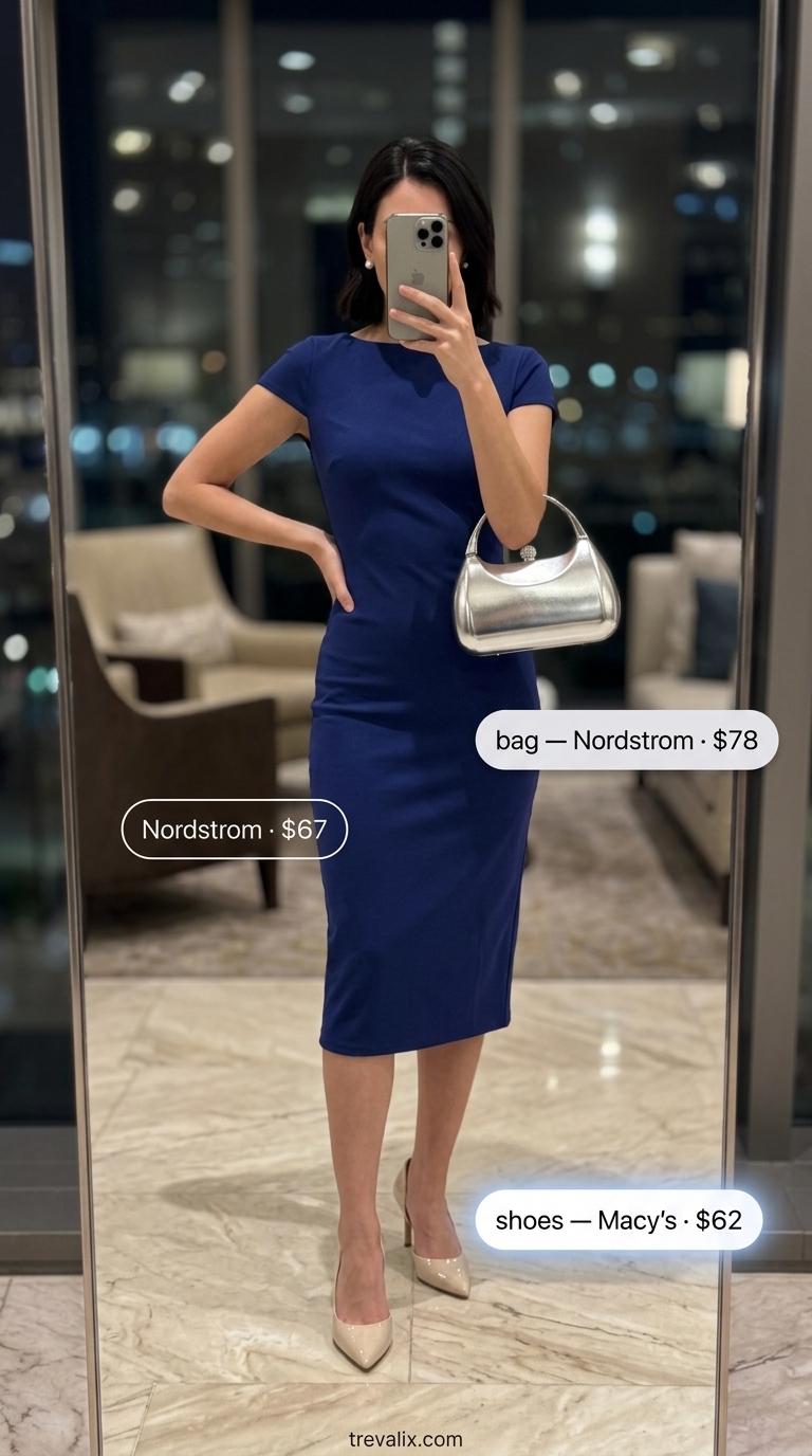 Polished cobalt blue sheath midi dress with white pumps and silver bag for a summer cocktail party outfit for women 2026.