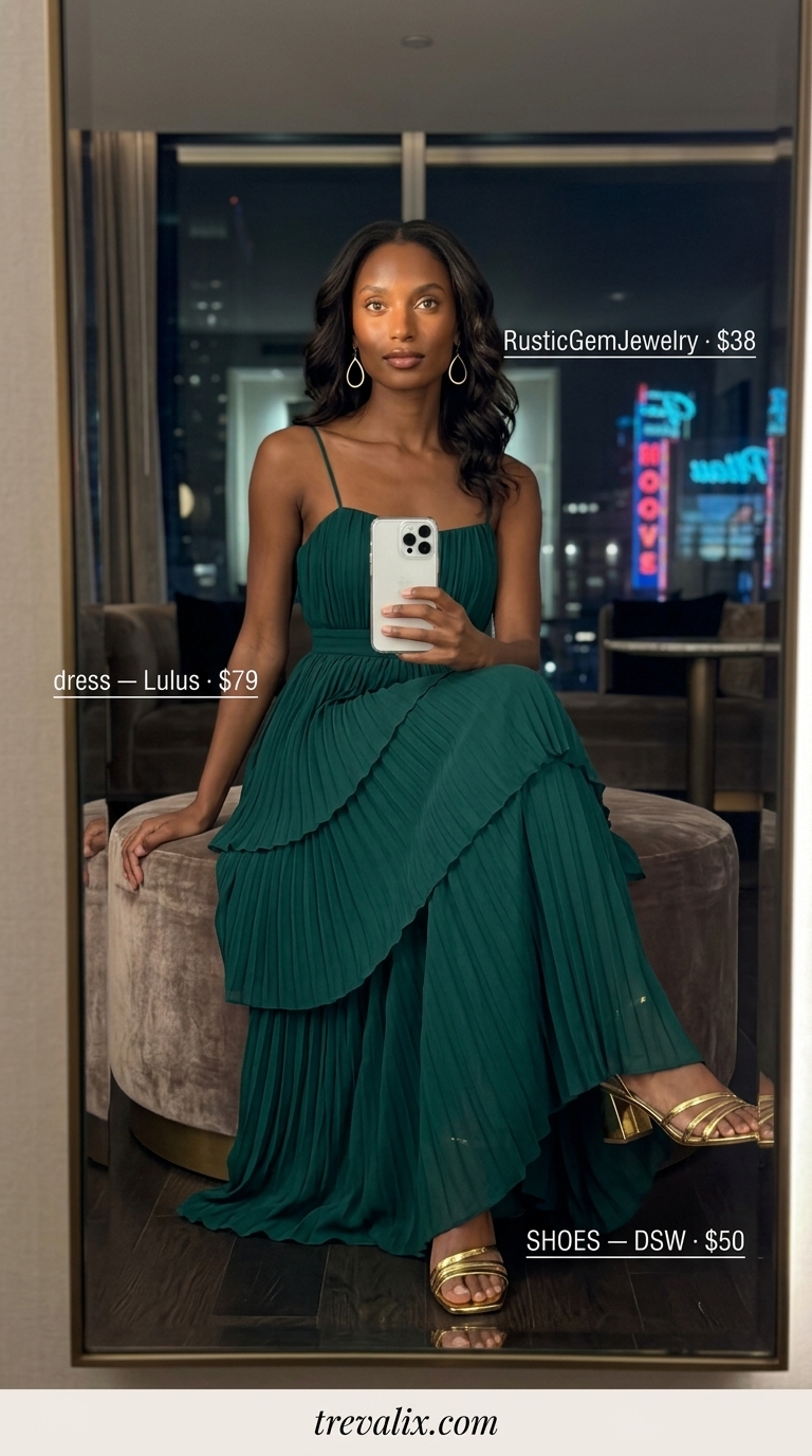 Glamorous emerald green tiered maxi dress with gold sandals and statement earrings for a summer cocktail party outfit for women 2026.