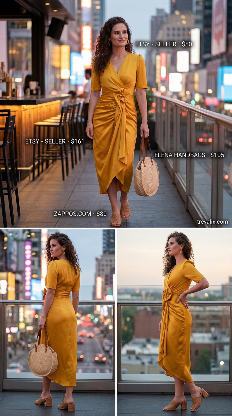 Mustard yellow satin wrap midi dress for a summer cocktail party outfit for women 2026. Bohemian style with gold hoops.
