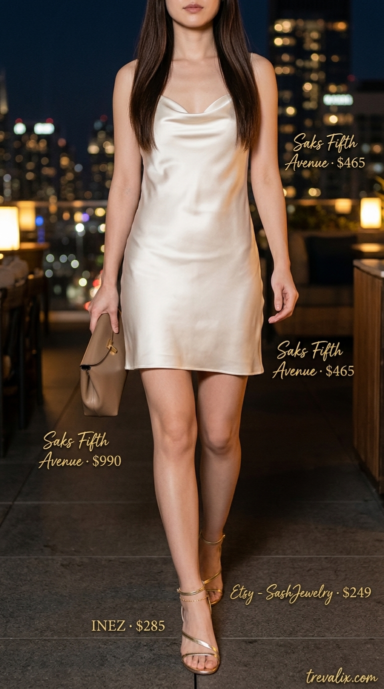 Refined ivory silk blend mini dress with gold sandals and taupe clutch for a summer cocktail party outfit for women 2026.