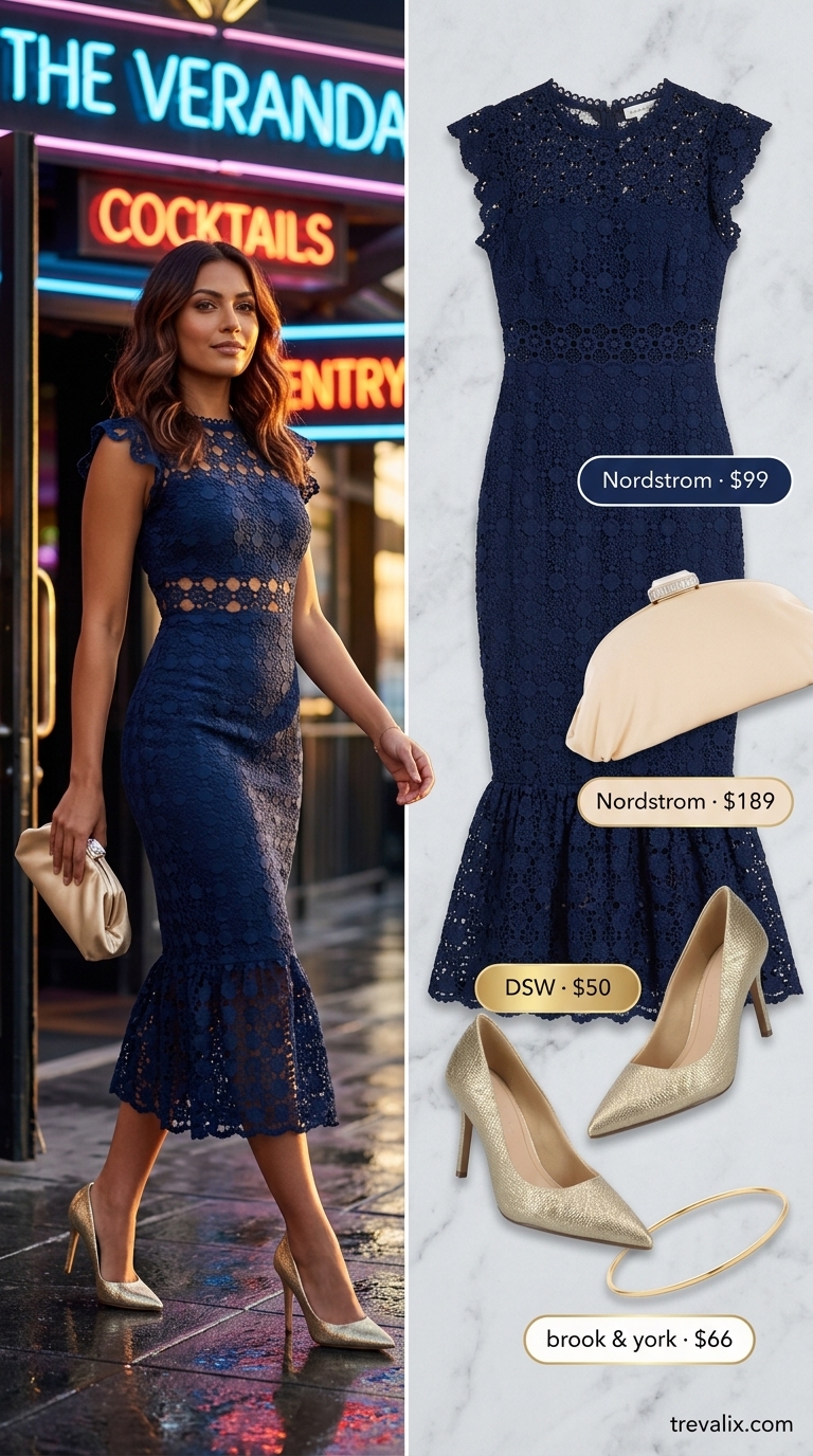 Navy blue lace A-line dress for a summer cocktail party outfit for women 2026. Polished gala style with gold accents.