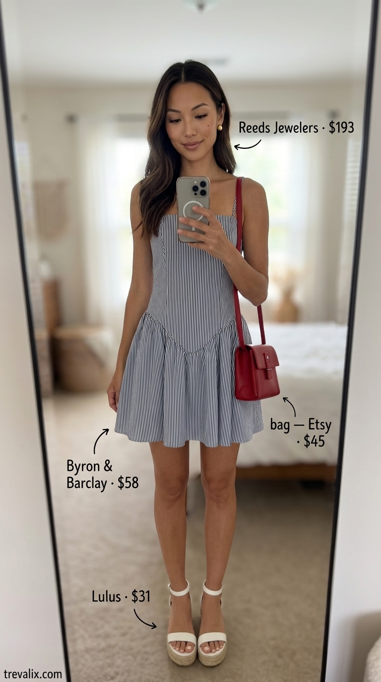 Chic navy and white striped fit-and-flare dress with espadrilles and red bag for a summer cocktail party outfit for women 2026.