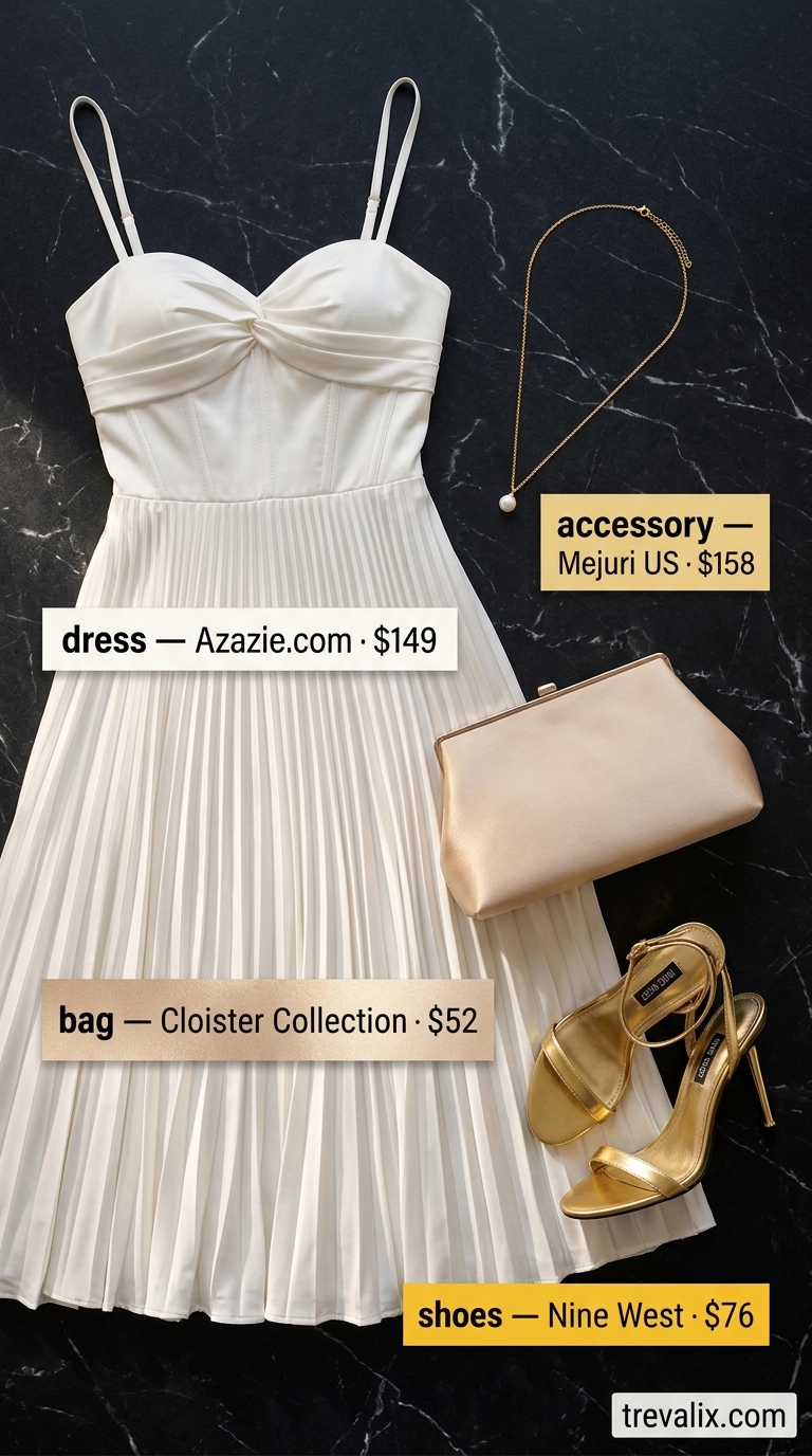 Ivory pleated midi dress for a summer cocktail party outfit for women 2026. Sophisticated high tea style with gold.