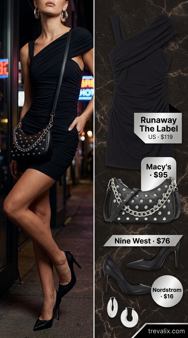 Black one-shoulder mini dress for a summer cocktail party outfit for women 2026. Edgy concert style with silver hoops.